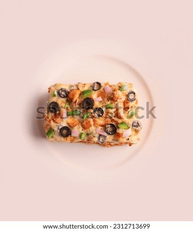 BBQ Pizza Slice on white background. Crazy bbq pizza. Mayo, onion, capsicum and olives. Cheese lover. Homemade pizza slice on plate. Delicious and tasty.