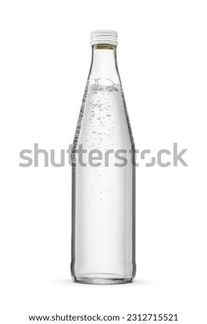 Pure water in the transparent glass bottle with aluminum screw cap without label isolated on a white background. Royalty-Free Stock Photo #2312715521