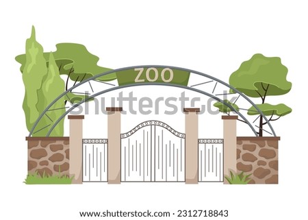 Zoo entrance. Cartoon zoological garden outdoor wild animals park with metal fencing and stone pillars, trees and bushes isolated on white background. Vector illustration in flat style Royalty-Free Stock Photo #2312718843
