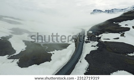 Aerial view of the beautiful northern road, the landscape of Iceland. Photography for tourism background, design and advertising