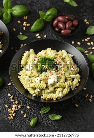Creamy broccoli feta cheese pasta with pine nuts. Healthy food