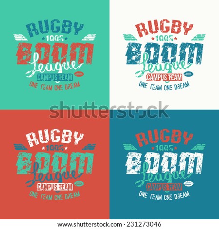 College rugby team emblem in retro vintage style. Graphic design for t-shirt