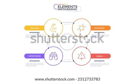 Infographic elements of SWOT template with 4 stages placed around circle center on white background. Strategic planning and analysing. Modern linear vector illustration for project presentation Royalty-Free Stock Photo #2312733783
