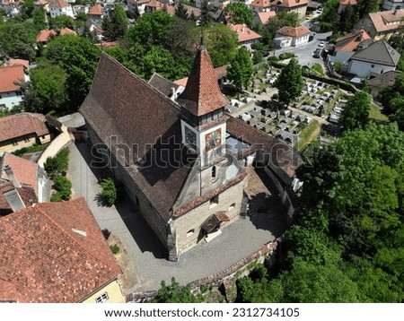 Aerial view of the Saint Martin Evangelical-Lutheran church, one of the oldest monuments located in the city of Brasov, Romania.