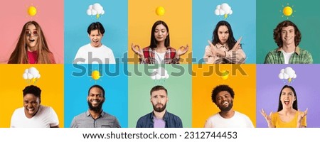 Mental Problems. Young People Expressing Different Emotions Over Colorful Backgrounds, Group Of Multiethnic Men And Women With Sun And Rain Cloud Emojis Above Head Having Good And Bad Mood, Collage
