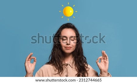 Coping With Stress. Smiling Young Female Meditating Over Blue Background With Sun Emoji Above Her Head, Calm Female Standing With Eyes Closed, Feeling Peaceful And Relaxed, Collage, Panorama Royalty-Free Stock Photo #2312744665