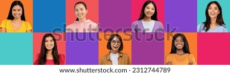 Headshot of smiling inspired young multiracial women enjoy holiday on colorful studio background, with blank space, panorama, collage. Female emotions, lifestyle, ad and offer