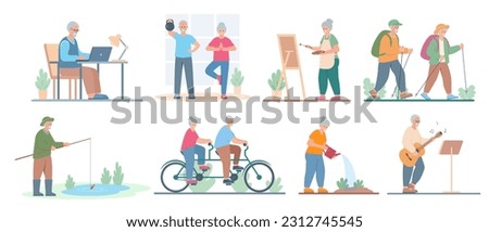 Senior people hobby set. Elderly men and women hiking, painting, fishing, cycling, gardening, plaaying guitar and exercising. Healthy active lifestyle and leisure activities. Vector illustration. Royalty-Free Stock Photo #2312745545
