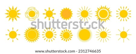 Sun icon set. Collection of yellow sun star illustration in vector for use as weather, sunlight, nature icons or logo isolated on white background