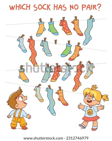 Which sock has no pair? Find two same picture. Puzzle Hidden Items. Matching game. Educational game for children. Attention task. Colorful cartoon characters. Funny vector illustration Royalty-Free Stock Photo #2312746979