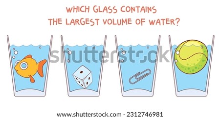 Which glass contains the largest volume of water? Educational game for children. Choose correct answer. Logic game. Cartoon characters. Funny vector illustration. Isolated on white background Royalty-Free Stock Photo #2312746981