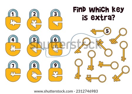Find which key is extra? Matching game. Educational game for children. Attention task. Find the correct shadow. Choose correct answer. Find the missing piece of picture. Isolated on white background