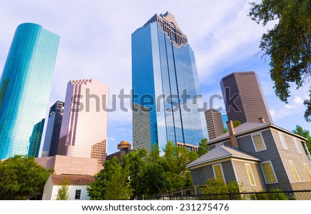 Houston skyline from Sam Houston Park at Texas US USA