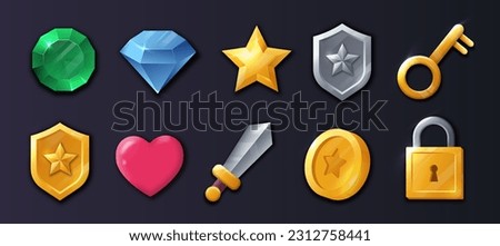 3D game icon set. Sword, diamonds and star. Shield, coin and heart. Interface and design elements for mobile game or application. Cartoon isometric vector collection isolated on dark background
