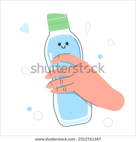 Sports bottle in hand. Vector illustration isolated on a white background with the concept of a healthy lifestyle. Illustration for banner design, stickers, web design elements.Cute illustration.