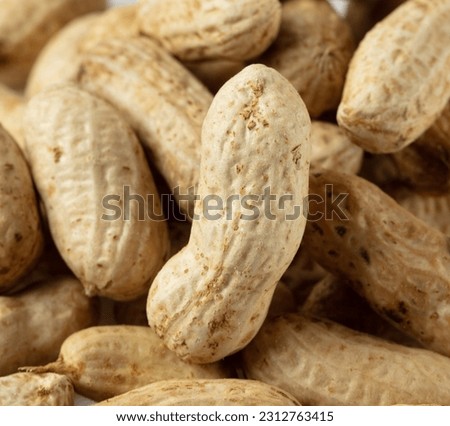 Pile group of boiled peanut, boiled peanut bean fall down pour on ground. Tropical boiled peanut shot close up. White background Isolated high speed shutter, freeze action
