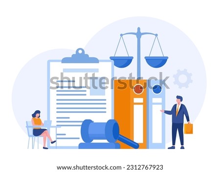 Law and justice scenes. lawyer consulting client, judge knocking with wooden hammer. Legal advice concept. Flat vector illustration banner Royalty-Free Stock Photo #2312767923