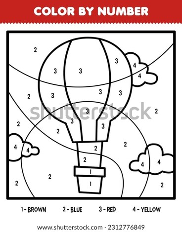 Education game for children color by number of cute cartoon balloon line art printable transportation worksheet