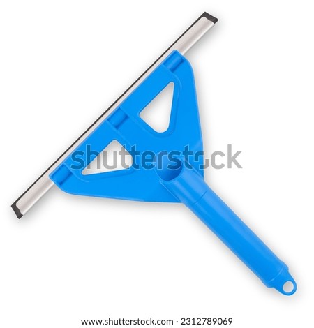 Plastic squeegee with blue handle isolated on white background with clipping path. Household object for window cleaning. Useful item for online shopping commerce banner