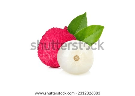Juicy lychee with  leaves isolated on white background