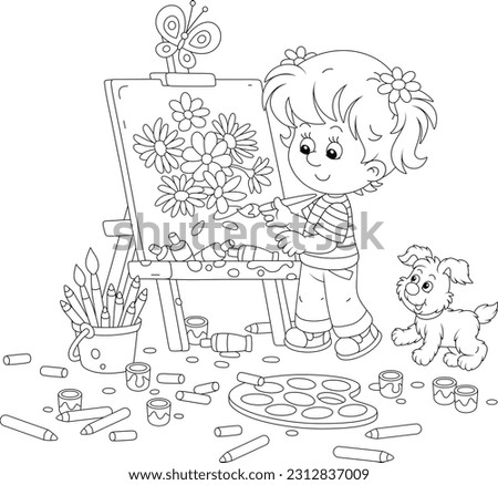 Little girl painter drawing a beautiful bouquet of summer flowers on her easel with a paintbrush, bright paints and pencils, black and white vector cartoon for a coloring book