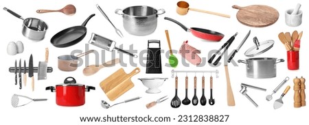 Set of different kitchenware on white background Royalty-Free Stock Photo #2312838827