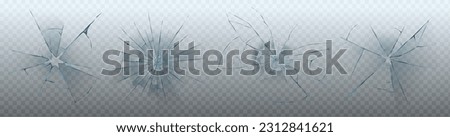 Realistic set of glass cracks isolated on transparent background. Vector illustration of broken window, monitor display, gadget screen, car windshield, gunshot effect. Accident design elements Royalty-Free Stock Photo #2312841621