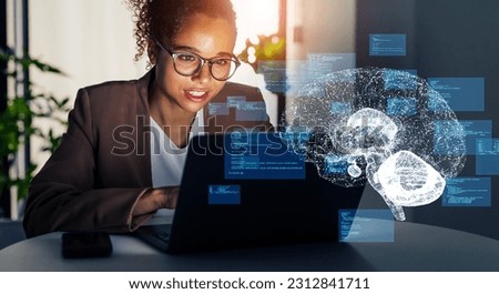 Black woman working in office and conversation AI concept. Deep learning. IoT (Internet of Things). ICT (Information Communication Technology).
