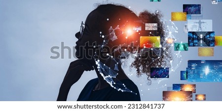 Mixed media of profile silhouette of thinking black woman and visual screens concept. NFT. Non-fungible token. Image generation AI. Royalty-Free Stock Photo #2312841737