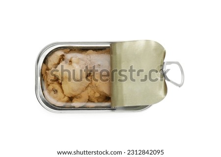 Open tin can of tasty cod liver on white background, top view