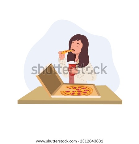 happy young woman eating pizza from box and holding a glass of soft drink in other hand at home on table. Fast food, junk food. Flat vector cartoon illustration

