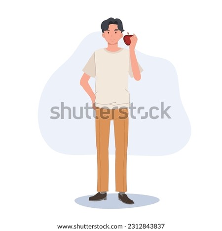 healthy fruit food concept. Full length of a man showing red apple before eating, Flat vector illustration Royalty-Free Stock Photo #2312843837