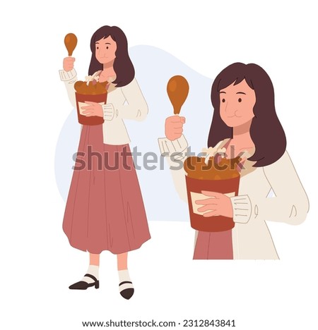 woman eating, enjoying, fried chicken drumstick bucket , yummy chicken, vector flat style cartoon illustration