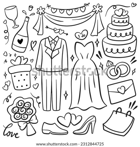 set of hand drawn wedding doodle line art