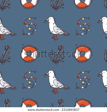 cute hand drawn seamless pattern with nautical elements, cartoon vector art for cards, design, fabrics