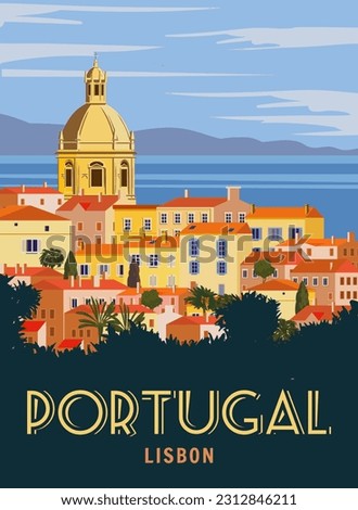 Travel Poster Poster Lisbon, Vintage. Portugal cityscape landmark, sea, sunset sky. Vector illustration Royalty-Free Stock Photo #2312846211
