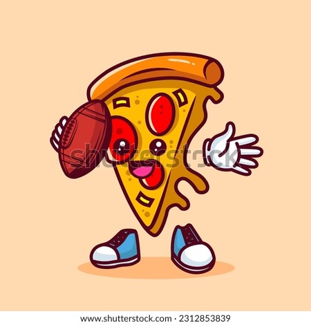 Vector illustration of kawaii pizza cartoon character with american football ball. Vector eps 10