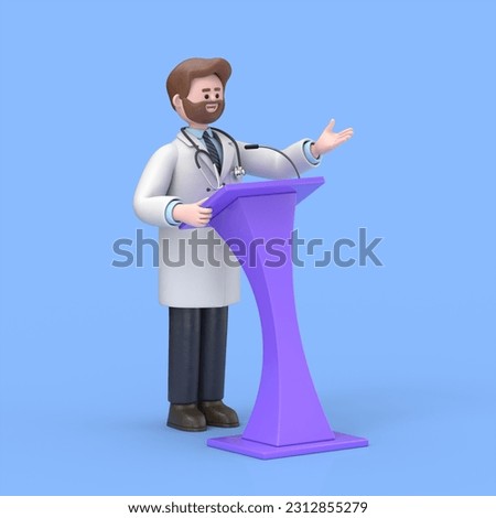 3D illustration of Male Doctor Iverson speaking at a conference.Medical presentation clip art isolated on blue background
