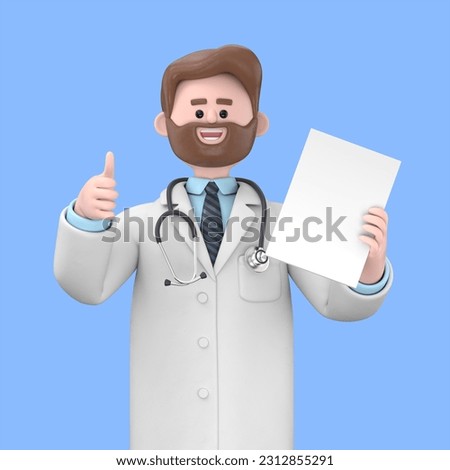 3D illustration of Male Doctor Iverson holding placard with thumb up, Medical presentation clip art isolated on blue background
