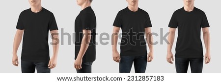 Mockup of trendy black t-shirt on guy wear, streetwear for brand, design, front, side view. Template of a men's casual shirt isolated on a background. Product photography set for commerce