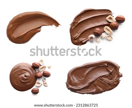 Yummy chocolate paste and hazelnuts on white background, top view. Collage design Royalty-Free Stock Photo #2312863725