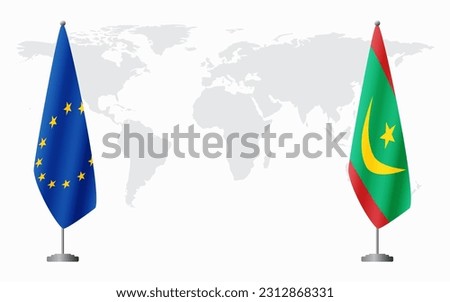 European Union and Mauritania flags for official meeting against background of world map.
