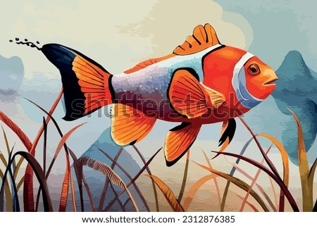 Clown fish in the sea watercolor art illustration