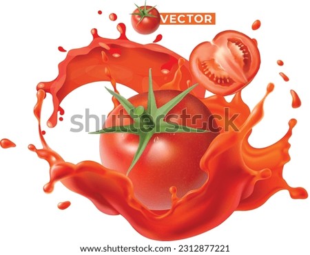 
ketchup splash Spread with tomatoes both full and sliced ​​in half on white background. Bright red color and refreshing realistic vector. Royalty-Free Stock Photo #2312877221