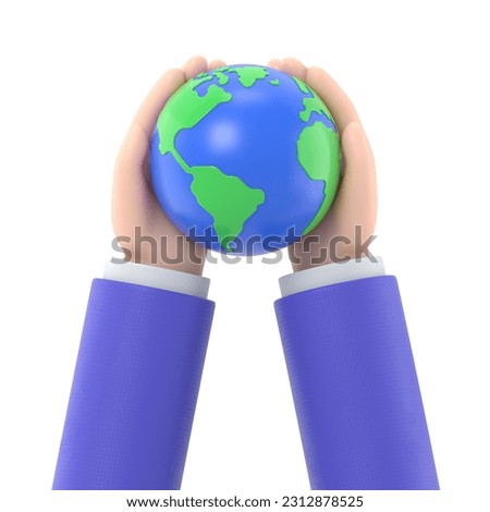 Cartoon Gesture Icon Mockup. Cartoon character hand holding a globe. Global business or ecology concept clip art 3D rendering on white background.
