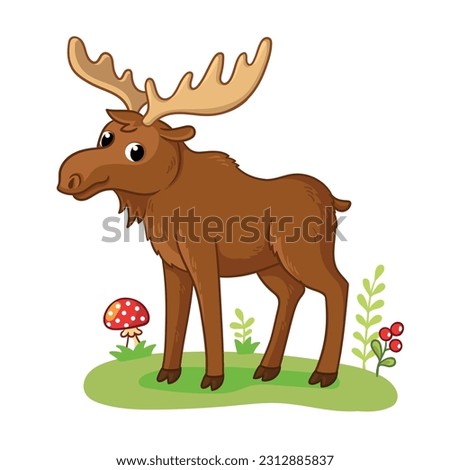 Cute elk stands on a green summer meadow. Beautiful vector illustration with a forest animal moose in a cartoon style. Royalty-Free Stock Photo #2312885837