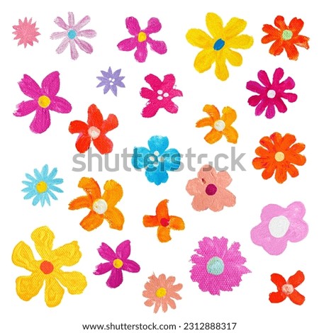 Cute flowers acrylic painting illustration on isolated background. Girly doodle flowers clipart. Simple blooming flower wallpaper. Seamless blossom floral pattern background.