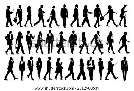 Silhouettes of business people walking, men and women full length front, side, back view. Vector illustration isolated black on white background. Avatar, icons for website Royalty-Free Stock Photo #2312908539