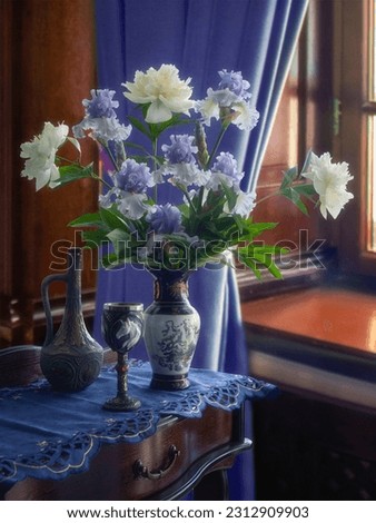 Blue still life with bouquet of peonies and irises