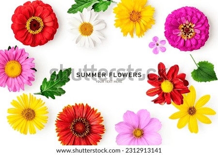 Summer flower creative layout. Daisy, cosmos, blanket, aster, zinnia, tickseed, sunflower and doronicum flowers isolated on white background. Floral frame border. Design element. Top view, flat lay 
